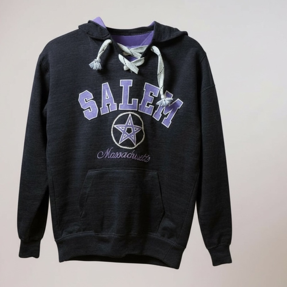 Salem MA Hockey Lace-Up Hoodie Sweatshirt Pentagram Collegiate Graphic Black S